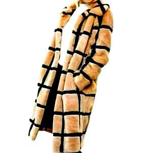 AVEC LES FILLES Women's XS Golden Brown Checker Windowpane‎ Vegan Faux Fur Coat